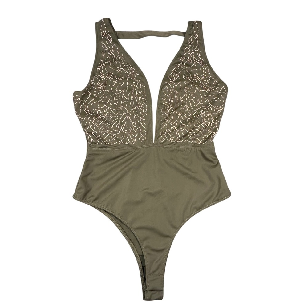Luxxel‎ Olive Green Studded Deep V-Neck Bodysuit Womens Small
